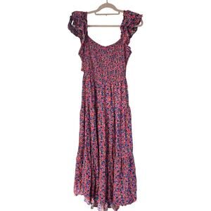 Women's Summer Floral Maxi Dress Square Neck Smocked Boho Ruffle Tie Back Flowy